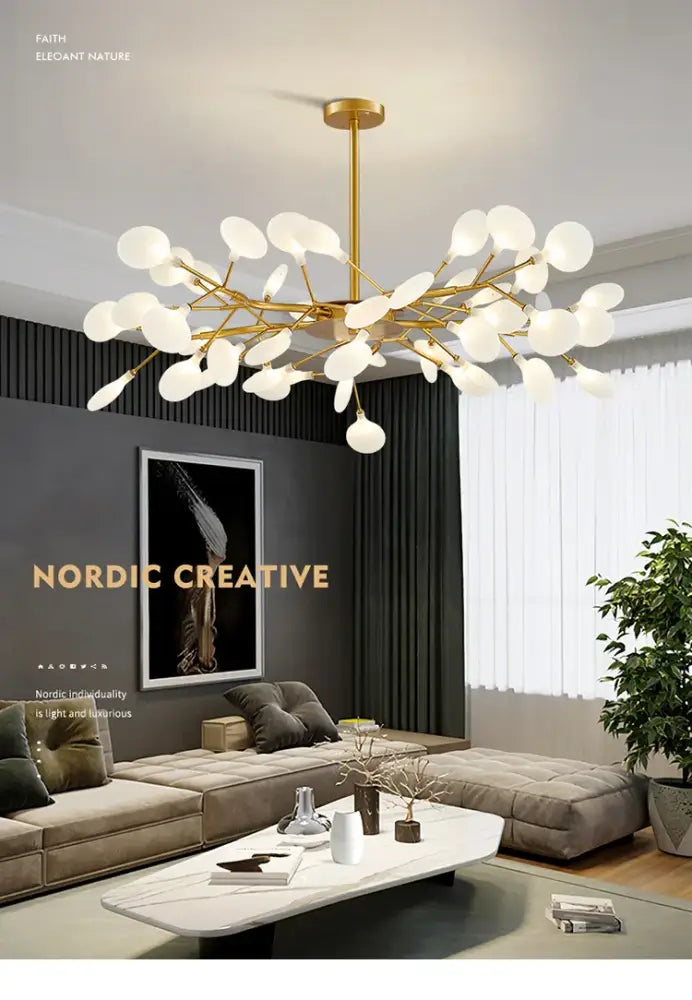 Decorbites™ luxurious golden led chandelier with gold-toned branches and frosted leaf-shaped glass shades for home use