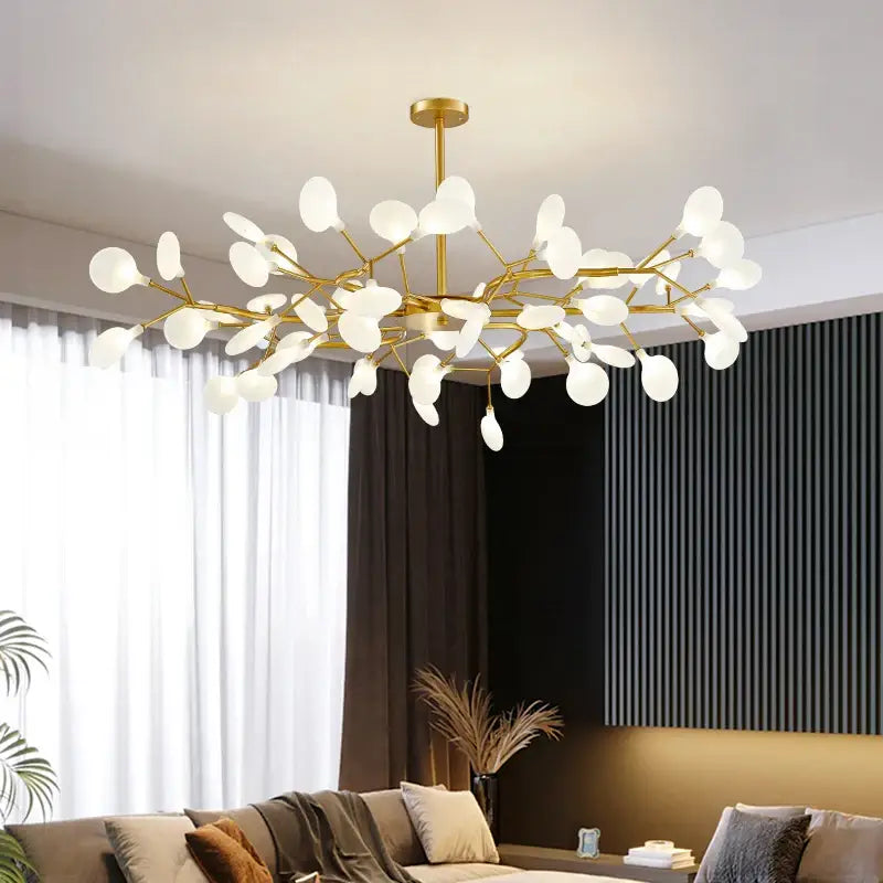 DecorBites luxurious golden led chandelier with gold-toned branches and frosted leaf-shaped glass shades for home use