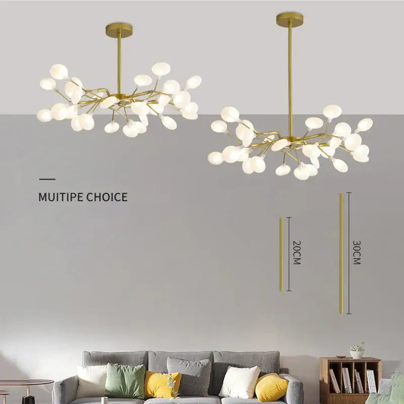 DecorBites™ luxurious golden led chandelier with gold-toned branch pendant lights and frosted glass globe bulbs