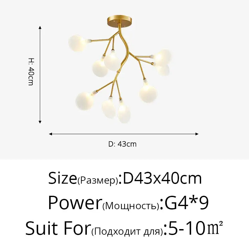 Gold-toned branch-style luxurious golden led chandelier with nine frosted glass globe bulbs for home decor