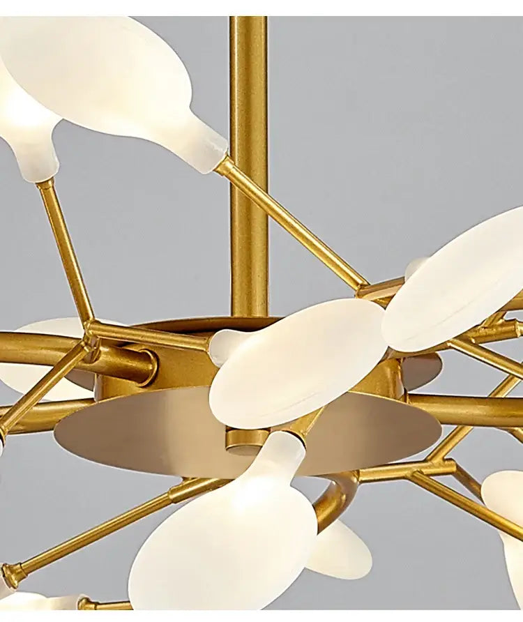 DecorBites™ luxurious golden led chandelier with gold tone and frosted glass lampshades in a branching design