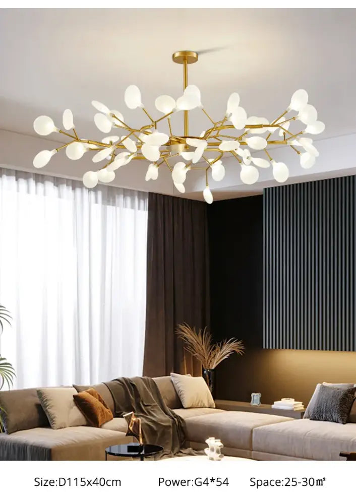 DecorBites™ luxurious golden led chandelier with gold tone and leaf shaped frosted glass shades in branching design