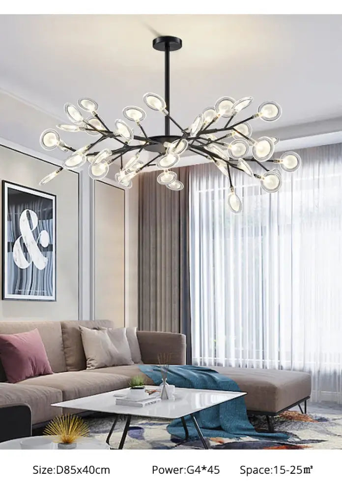 Modern black metal chandelier with clear glass globe lights paired with luxurious golden led chandelier design