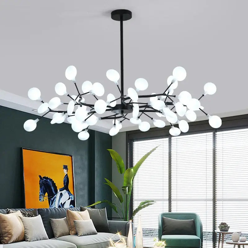 Decorbites™ luxurious golden led chandelier featuring modern black metal frame and frosted white glass globes in branching design