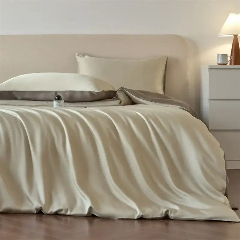 Cream-colored satin duvet cover with subtle sheen and matching pillowcases from decorbites luxurious lyocell silk bedding set