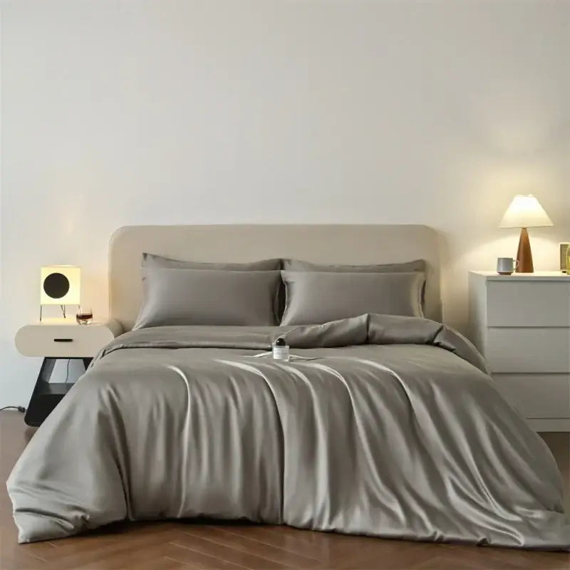 DecorBites™ luxurious lyocell silk taupe satin duvet cover with a smooth reflective finish for queen king bedding set