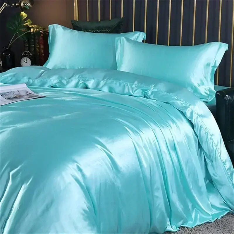 Turquoise satin duvet cover bedding set with matching pillowcases from decorbites™ luxurious mulberry silk bedding set