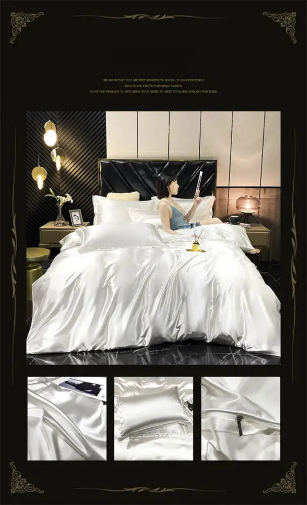DecorBites™ white mulberry silk duvet cover set with a glossy finish and matching pillowcases for king or queen size bedding set
