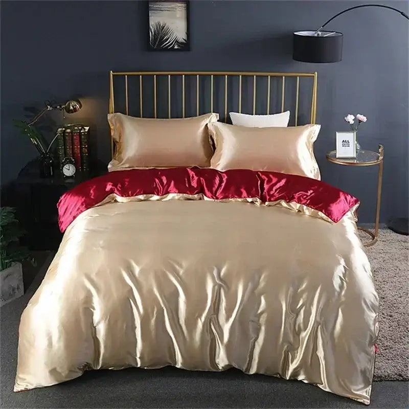 Decorbites™ luxurious mulberry silk bedding set with glossy champagne satin duvet cover and deep red lining pillows