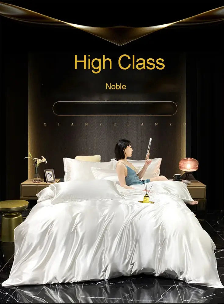 White satin duvet cover set with a luxurious sheen from decorbites™ mulberry silk bedding set in a high-class bedroom