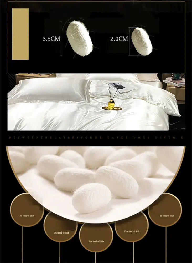 White silk cocoons with measurements displayed next to decorbites™ luxurious mulberry silk duvet cover bedding set