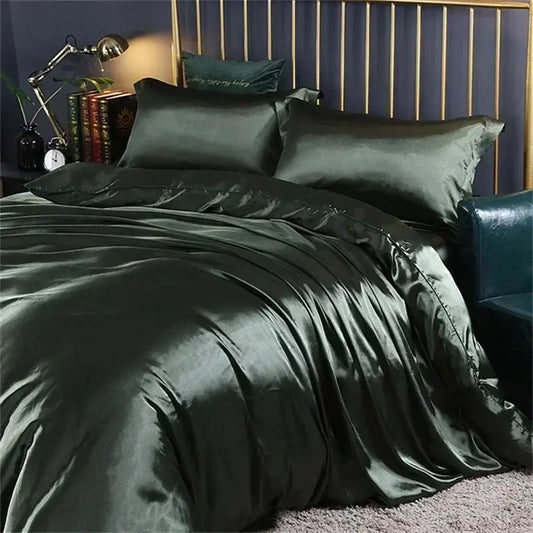 Dark green satin decorbites luxurious mulberry silk bedding set with glossy smooth texture and elegant flowing folds