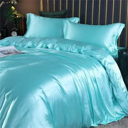 Decorbites™ luxurious turquoise mulberry silk bedding set with satin duvet cover and matching pillowcases for queen and king sizes