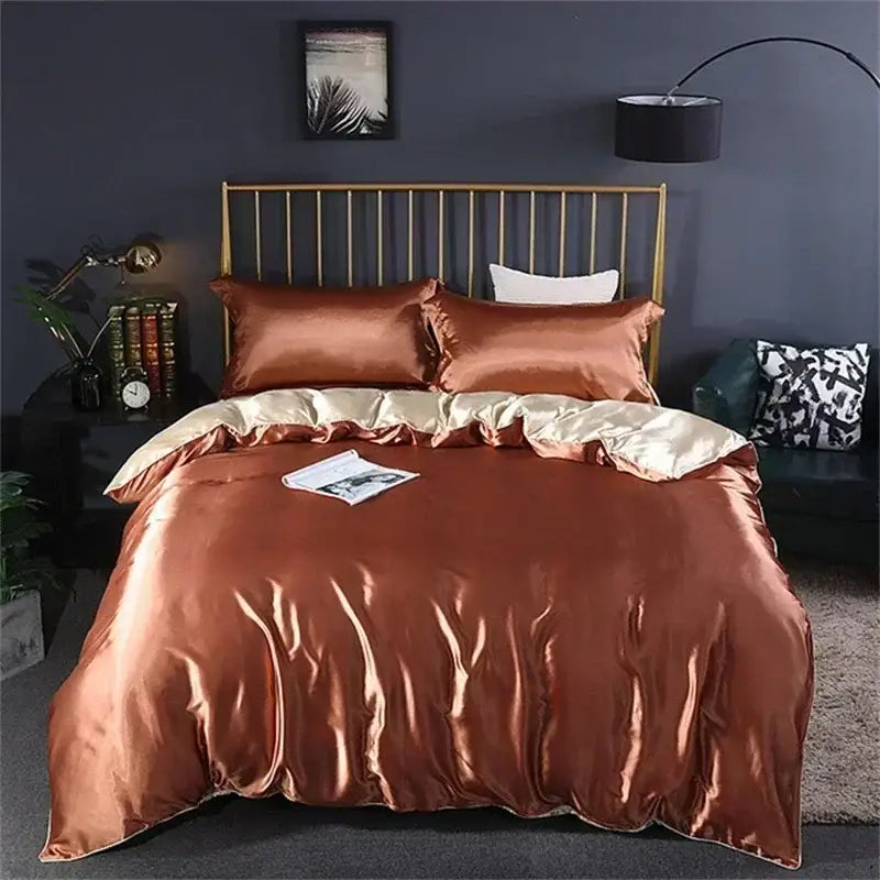 Decorbites luxurious mulberry silk bedding set featuring a copper satin duvet cover with gold trim for queen and king sizes