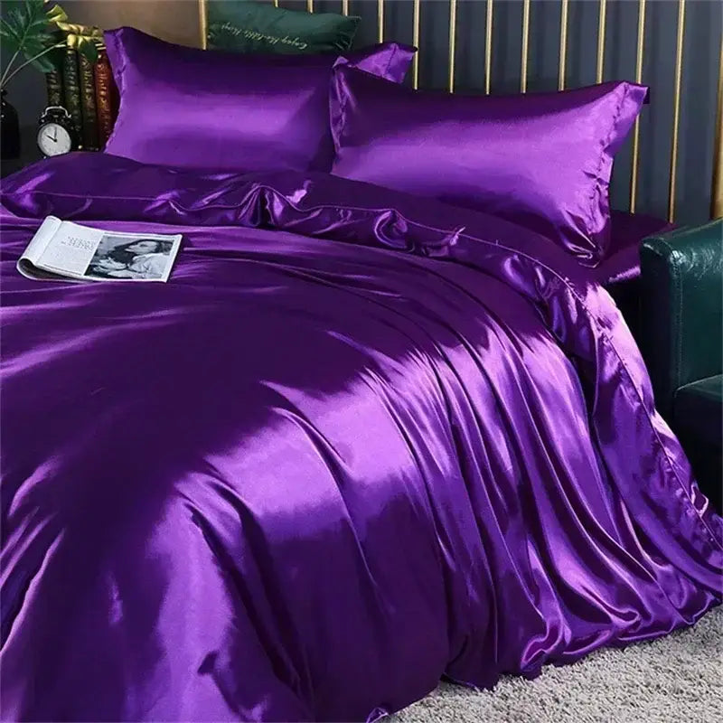 DecorBites™ luxurious mulberry silk bedding set queen king size in lustrous purple satin with smooth reflective duvet cover