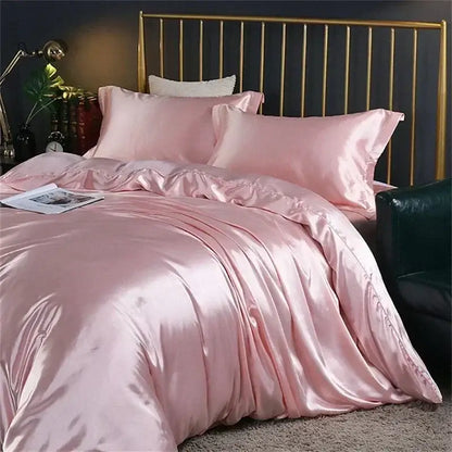 Pink satin mulberry silk bedding set with glossy finish and ruffled edges by decorbites luxurious duvet cover
