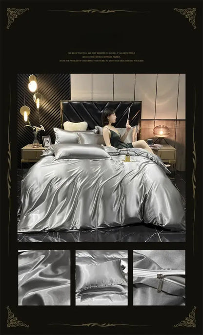 Shiny silver satin mulberry silk bedding set with duvet cover pillowcases and plush headboard from DecorBites