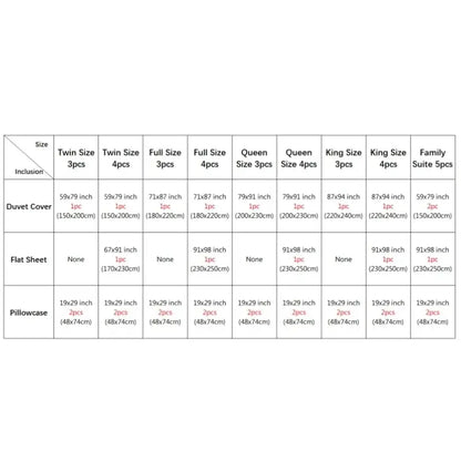 DecorBites™ luxurious nordic silk bedding set size chart with duvet cover pcs and width bed dimensions listed