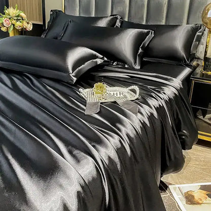 Black satin pcs duvet cover with glossy smooth texture and elegant sheen from DecorBites™ luxurious nordic silk bedding set for couples