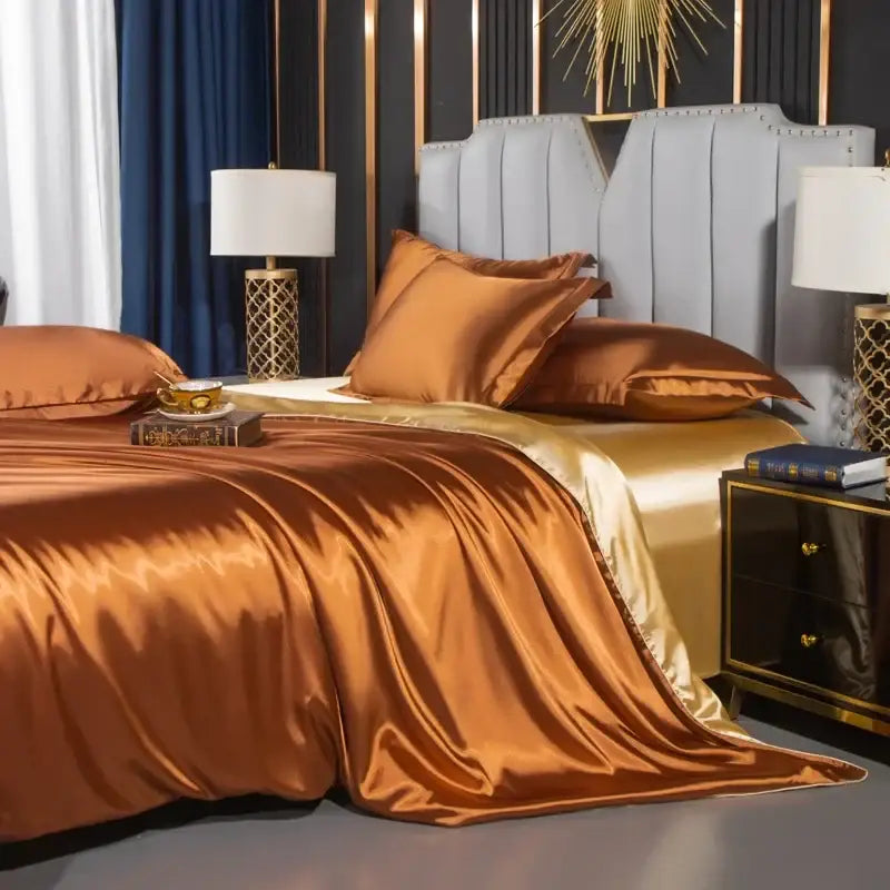 DecorBites™ luxurious bronze satin pcs duvet cover set with gold trim and matching pillowcases for couples bedding