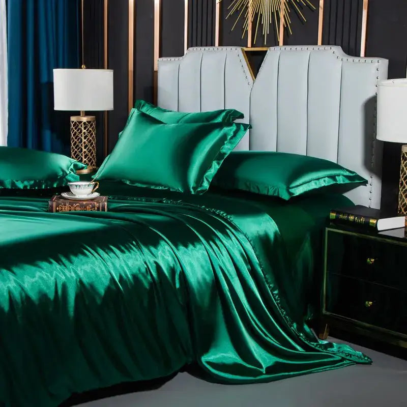 Emerald green satin duvet cover from decorbites™ luxurious nordic silk bedding set with glossy finish for width bed