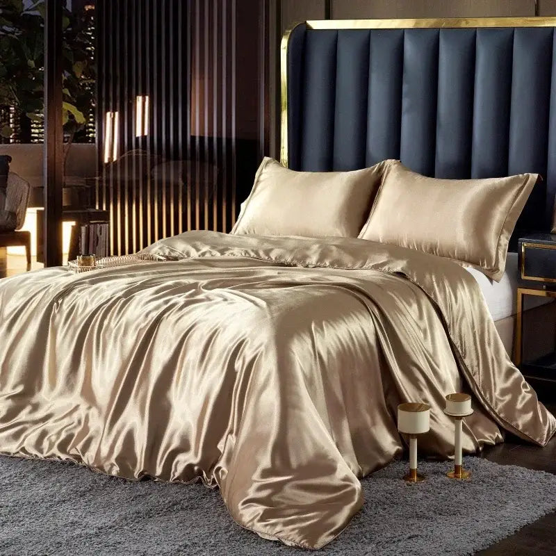 Glossy champagne-colored silk duvet cover draped over a width bed from decorbites™ pcs duvet cover set for couples