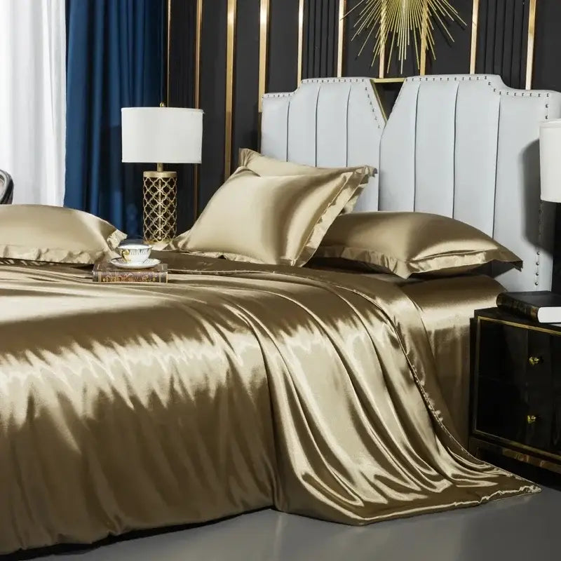 Glossy gold satin duvet cover set with matching pcs duvet cover elegantly draped over a width bed by DecorBites™