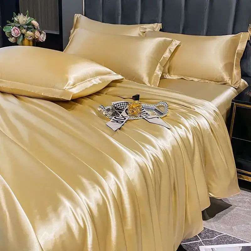 Decorbites luxurious nordic silk bedding set featuring golden satin duvet cover with matching pillows for width bed pcs duvet cover