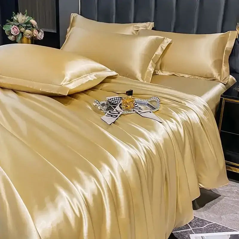 Decorbites™ luxurious nordic silk bedding set for couples in golden satin with smooth sheen pcs duvet cover and pillows