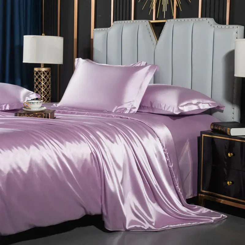Lavender satin duvet cover set with glossy finish and matching pillows from decorbites™ luxurious nordic silk bedding for couples