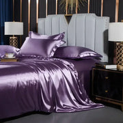Decorbites™ luxurious nordic silk duvet cover set in lustrous purple satin with elegant ruffled edges for width bed