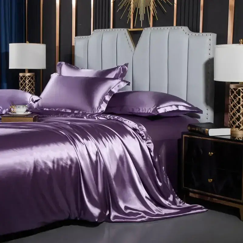 Lustrous purple satin duvet cover from DecorBites™ Nordic silk bedding set with elegant ruffled edges for width bed