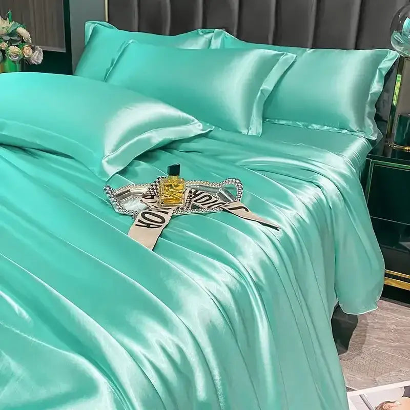 Decorbites™ luxurious nordic silk duvet cover pcs in mint green satin with glossy smooth finish for width bed couples