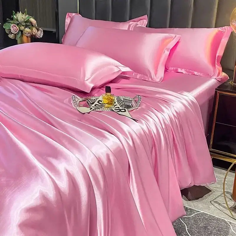 DecorBites™ luxurious nordic silk pink satin bedding set with matching pillows and pcs duvet cover for width bed