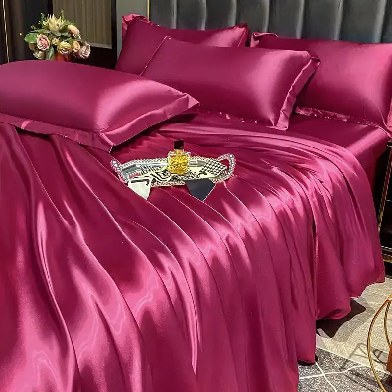 Decorbites™ luxurious nordic silk duvet cover set in rich burgundy satin with smooth glossy texture for width bed