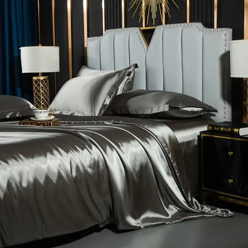 Silver satin duvet cover from decorbites™ luxurious nordic silk bedding set with smooth reflective surface and elegant folds