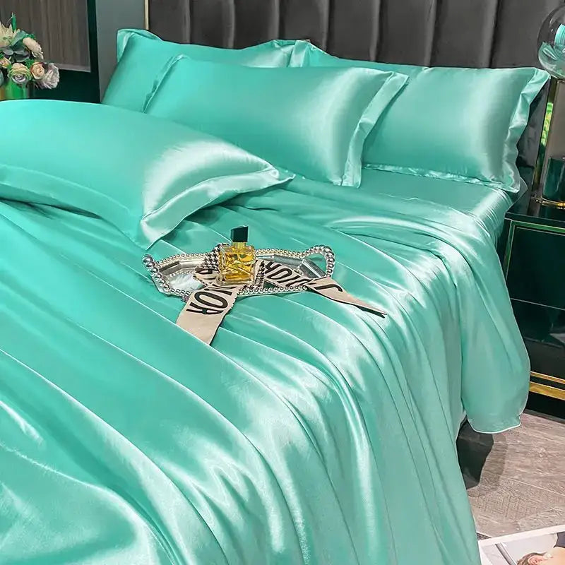 Turquoise satin pcs duvet cover set with glossy smooth texture by DecorBites™ for couples luxurious nordic silk bedding