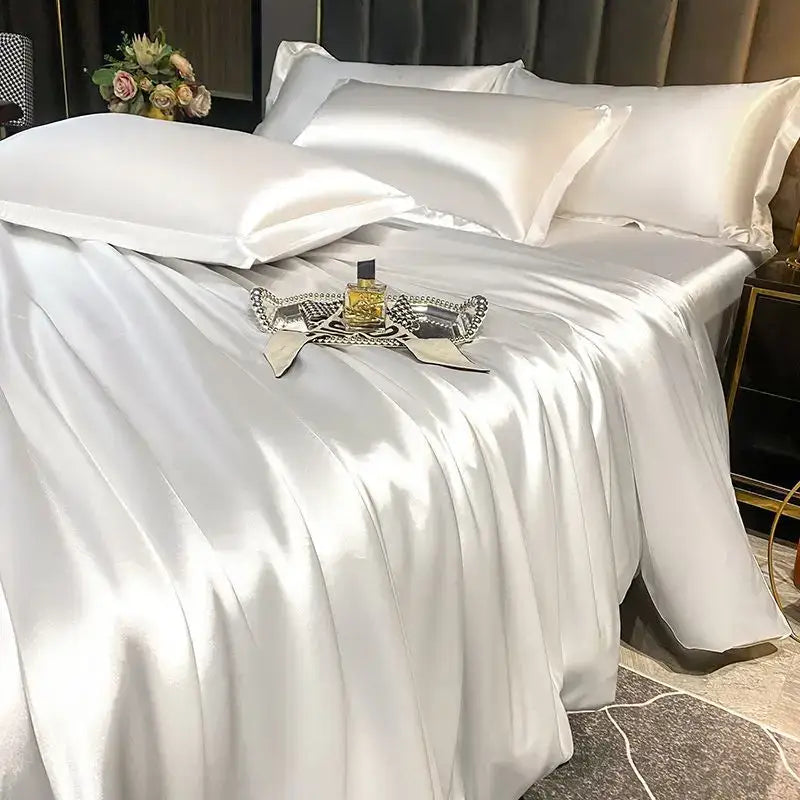 White satin duvet cover from decorbites™ luxurious nordic silk bedding set with glossy smooth texture for couples