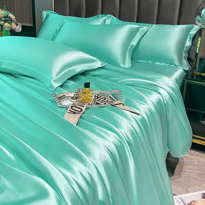Turquoise satin duvet cover pcs bedding set with glossy smooth texture from decorbites™ luxurious nordic silk summer-friendly collection