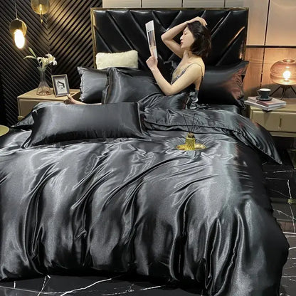 Black satin duvet cover from DecorBites™ luxurious rayon silk bedding set king size with glossy finish for width bed