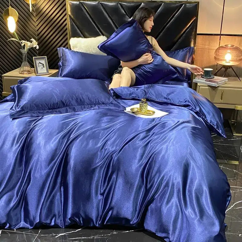 Deep royal blue satin DecorBites™ king size rayon silk bedding set with glossy finish and pcs duvet cover for width bed