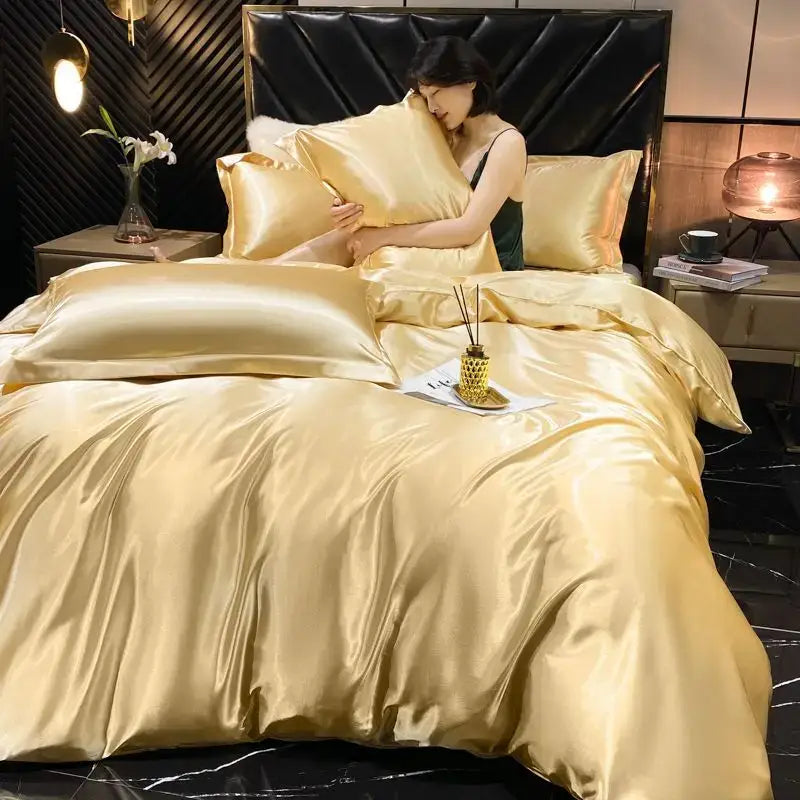 Golden satin decorbites™ luxurious rayon silk duvet cover set with elegant sheen and smooth texture king size width bed