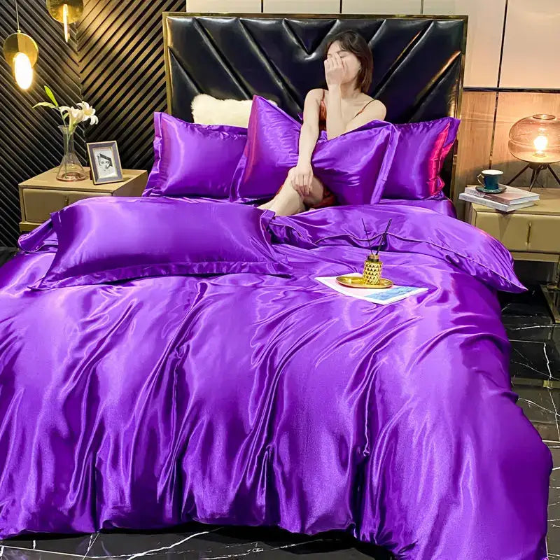 Decorbites™ luxurious rayon silk duvet cover set in lustrous purple satin with glossy finish and matching pillows for king width bed