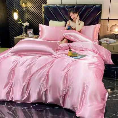 Pink satin four-piece decorbites™ luxurious rayon silk bedding set with duvet cover and matching pillows king size width bed