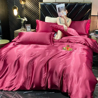Decorbites™ king size rich burgundy satin rayon silk duvet cover set with glossy luxurious finish for width bed