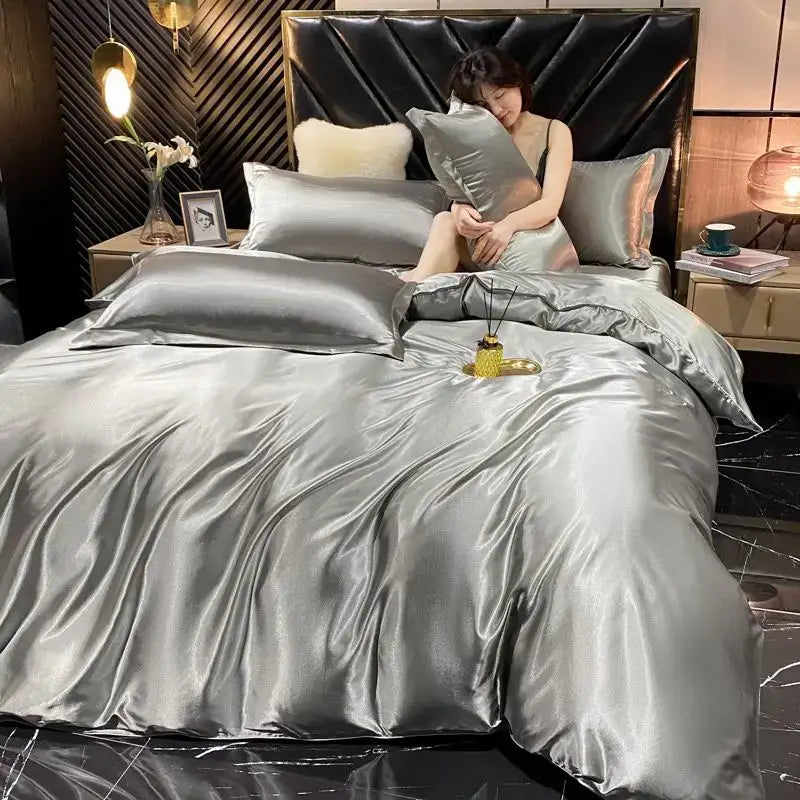 Silver satin duvet cover from decorbites™ luxurious rayon silk bedding set king size with glossy, luxurious finish