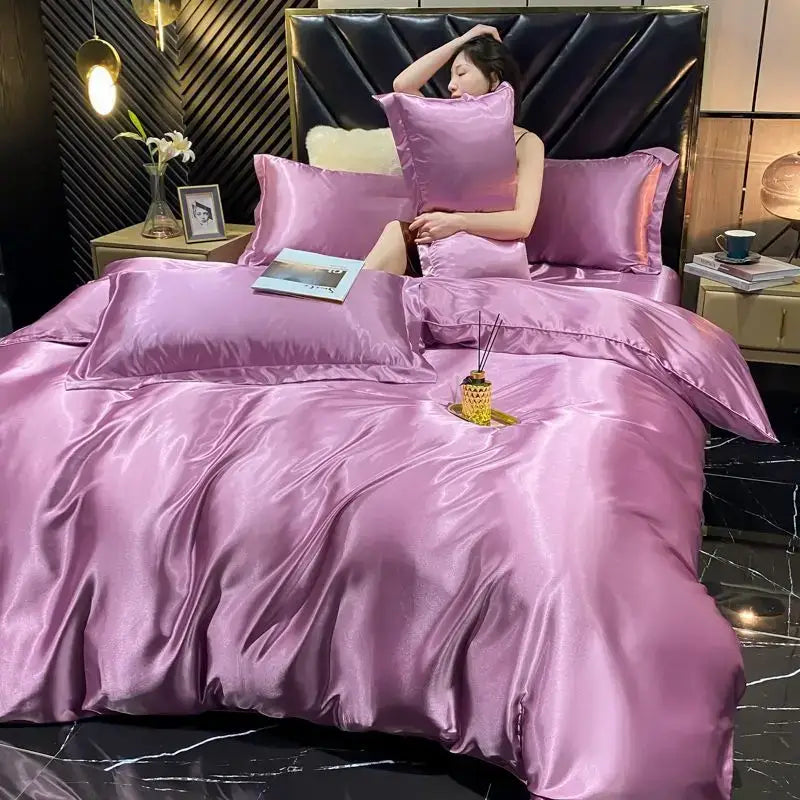 Lustrous lavender 4 pcs duvet cover set in rayon silk with smooth reflective finish for width bed by DecorBites