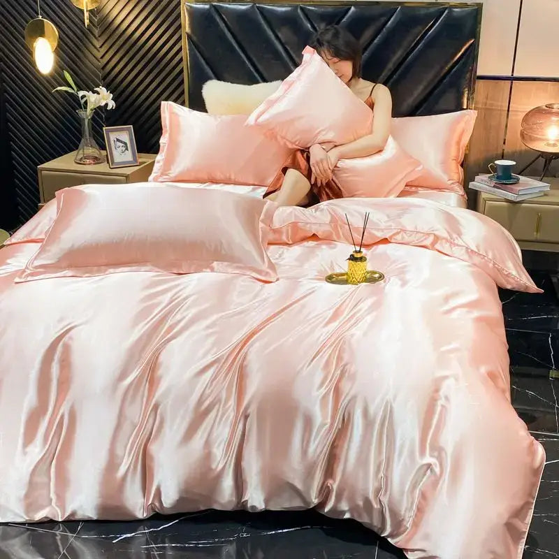 Decorbites luxurious rayon silk 4 pcs duvet cover set in blush pink satin with smooth glossy finish for width bed use