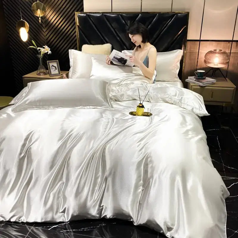 Shiny silver satin decorbites™ luxurious rayon silk bedding set with pcs duvet cover and plush black headboard
