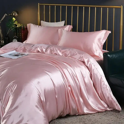 Pink satin decorbites™ luxurious silk bedding set featuring duvet cover and matching pcs duvet cover pillowcases